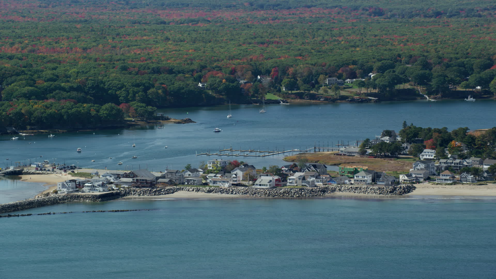6k stock footage aerial video flying by oceanfront hones, Saco River