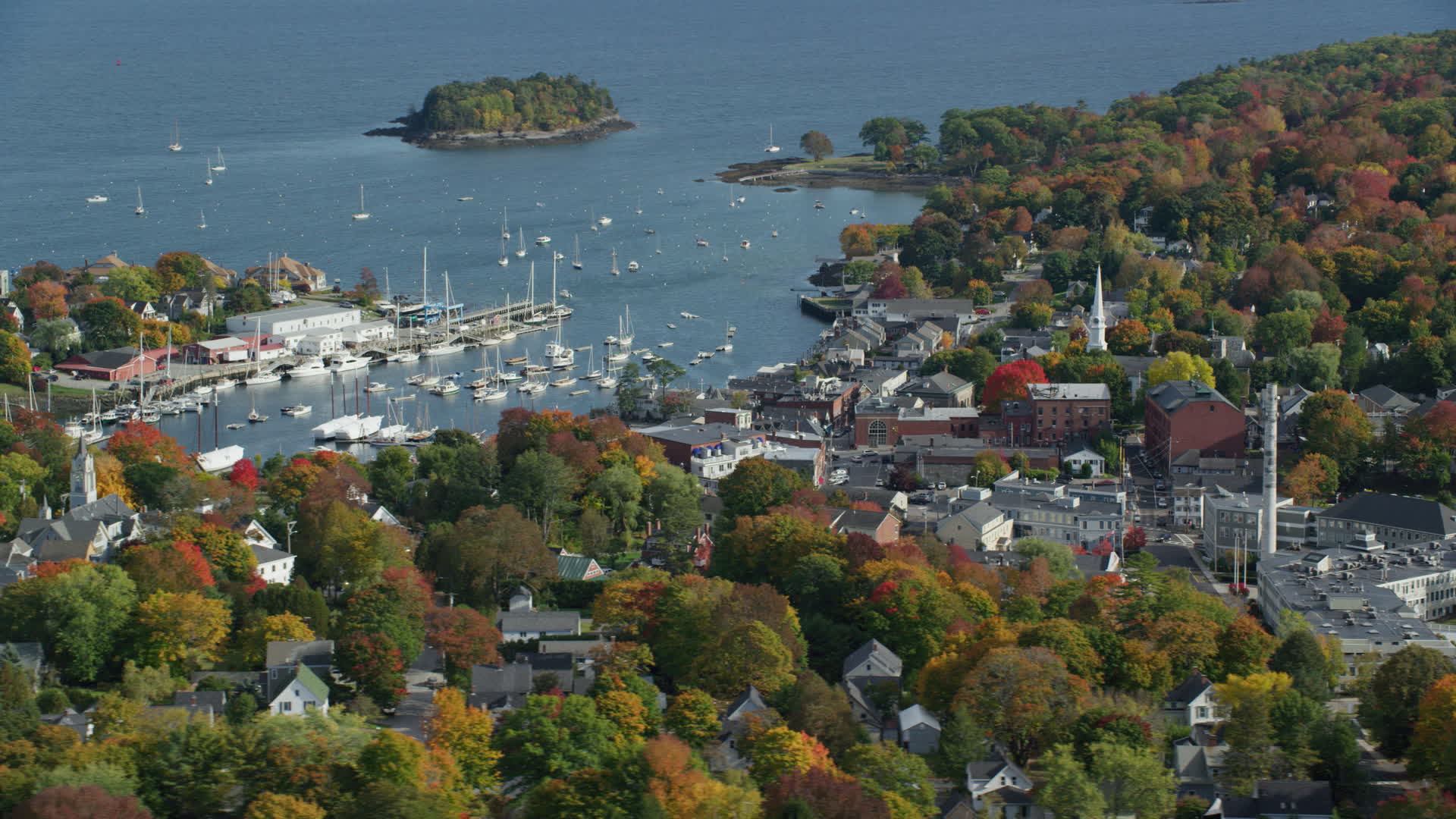 6k stock footage aerial video orbiting small coastal town, Camden