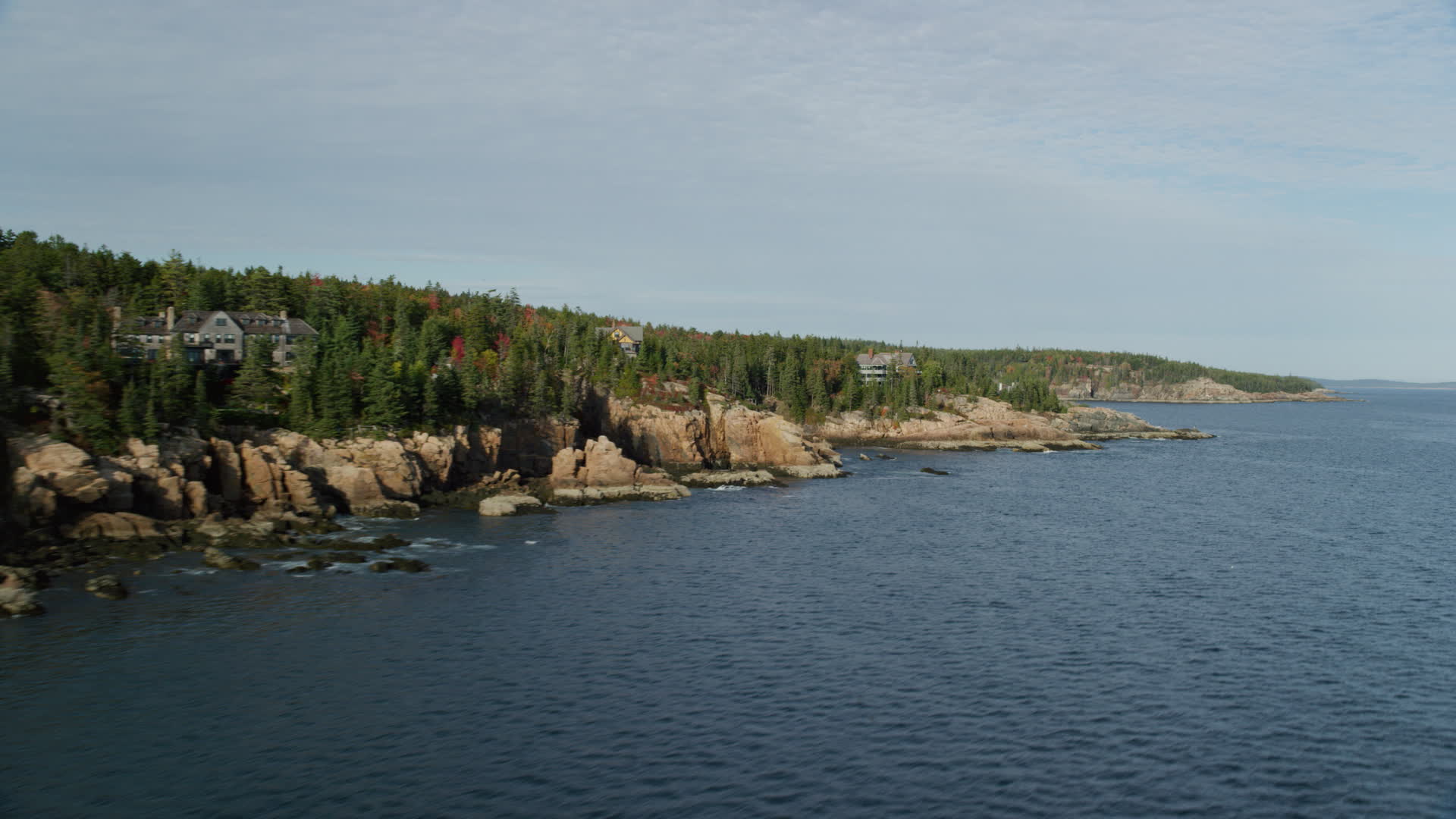 5.5K stock footage aerial video flying by waterfront mansions, autumn, Seal Harbor, Mount Desert