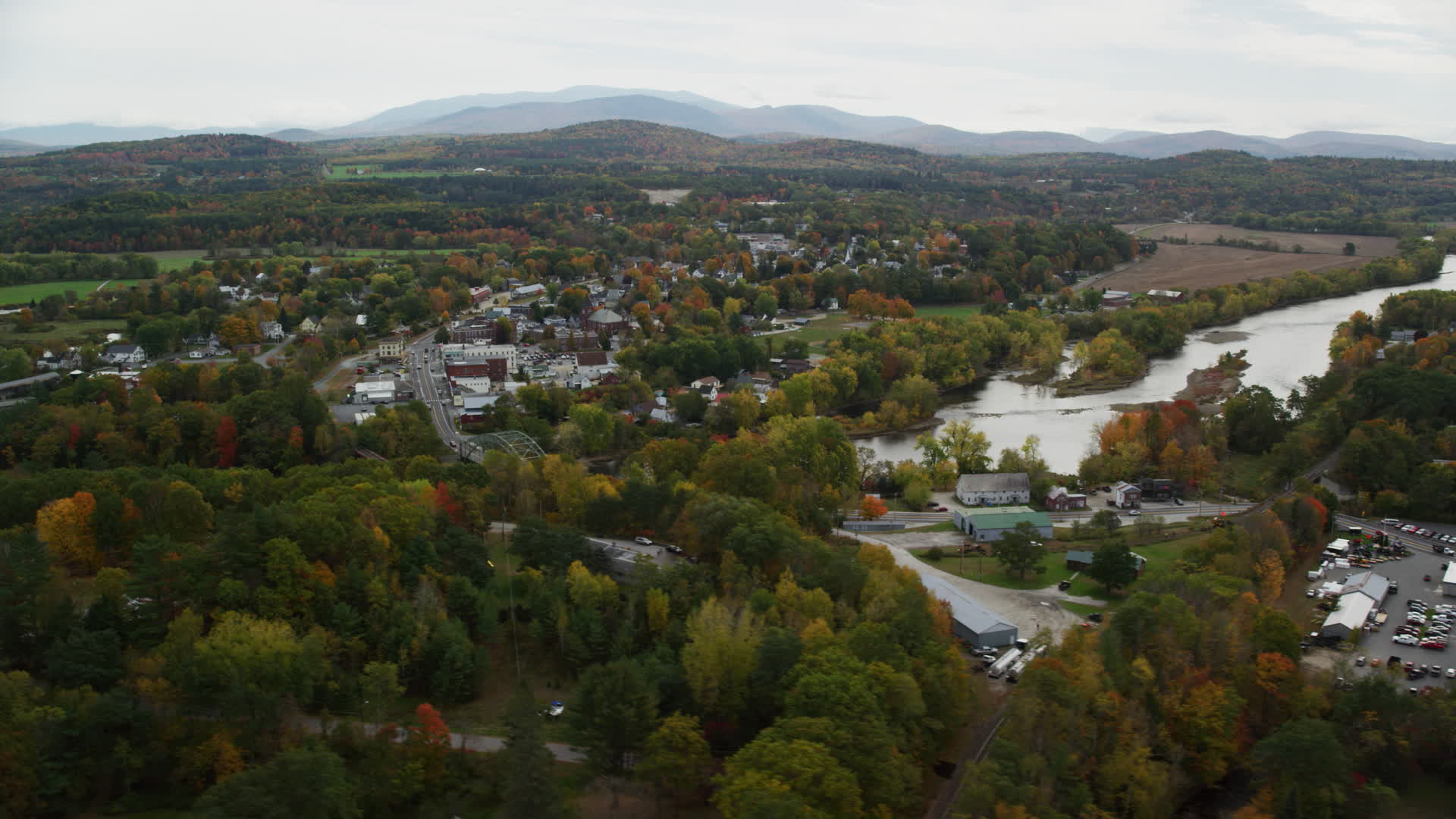 5.5K stock footage aerial video flying by small town near Connecticut