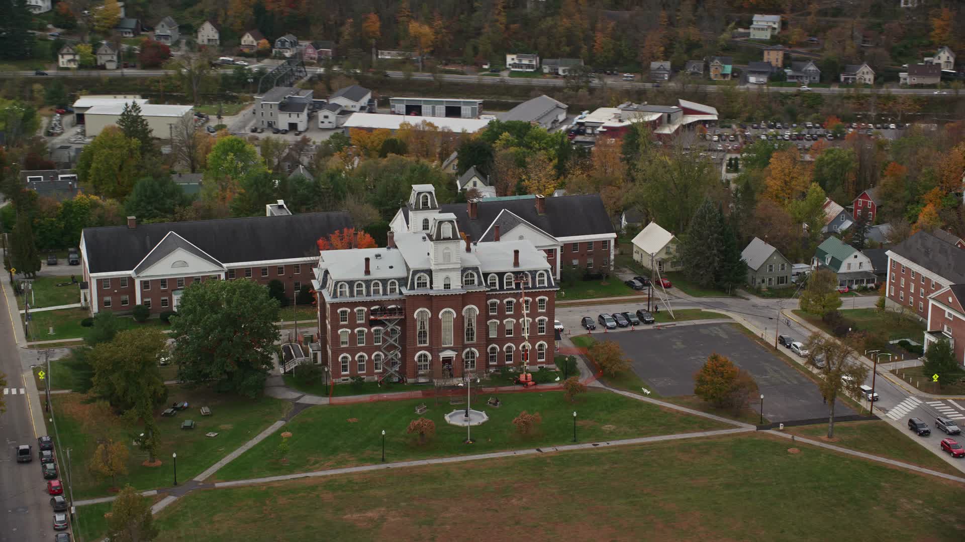 5.5K stock footage aerial video flying by Vermont College of Fine Arts, autumn, Montpelier