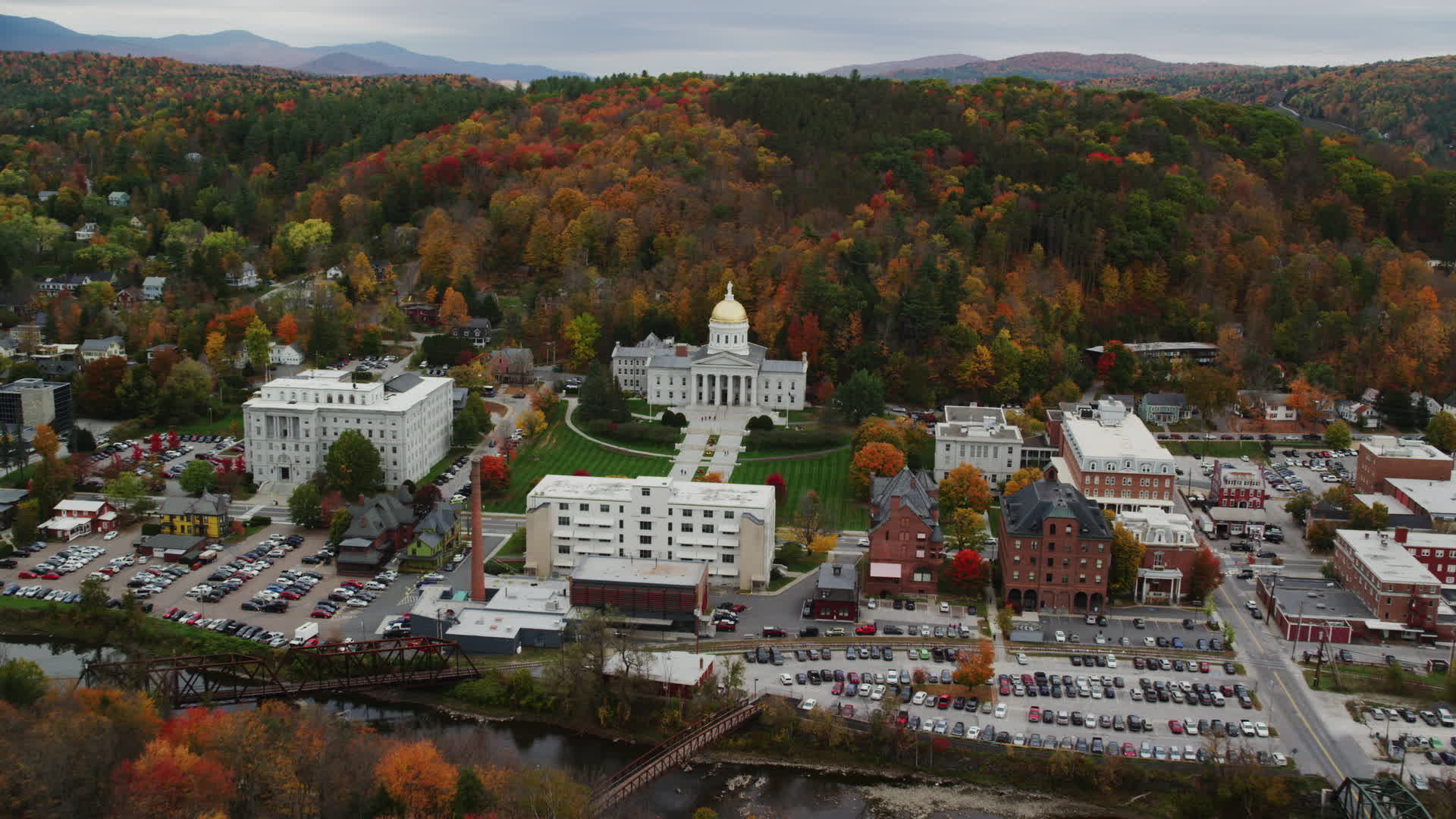 5.5K stock footage aerial video approaching Vermont State House