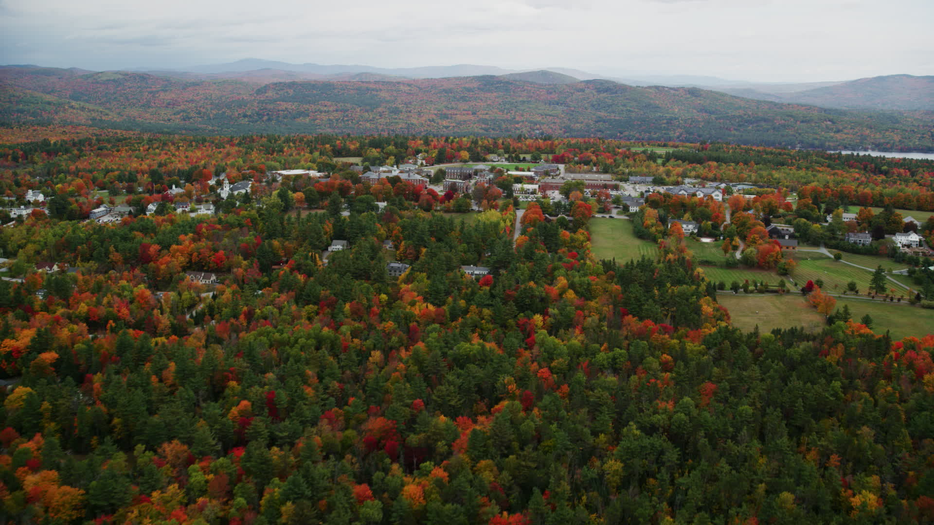 5.5K stock footage aerial video approaching Colby Sawyer College