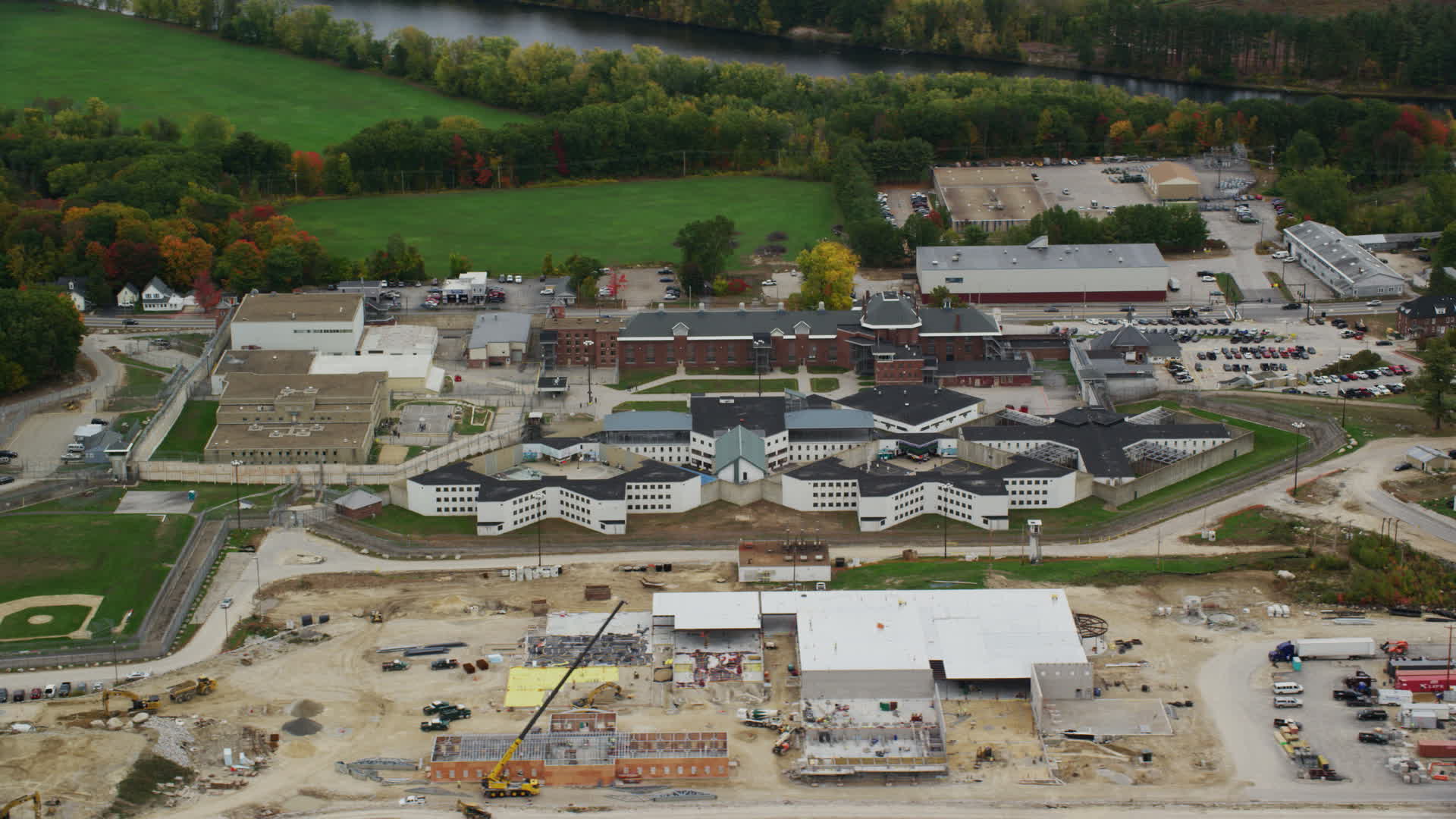 5.5K stock footage aerial video orbiting the New Hampshire State Prison
