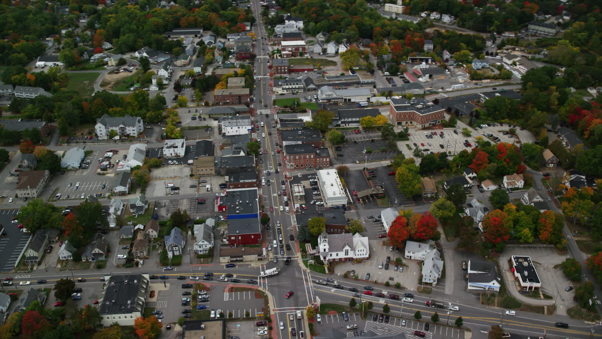 5.5K stock footage aerial video flying by Broadway, downtown in autumn