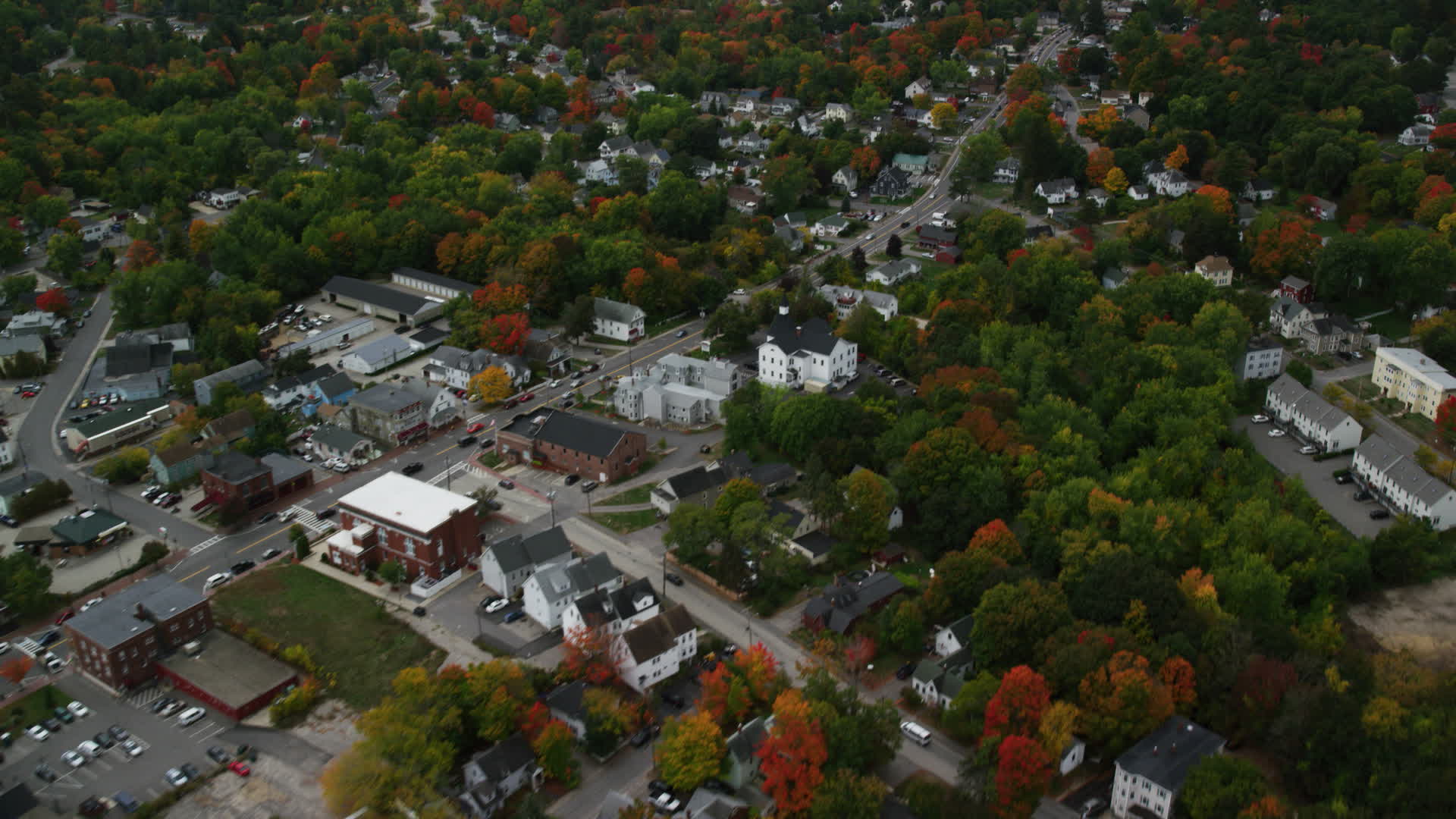 6K stock footage aerial video flying over Broadway, colorful foliage