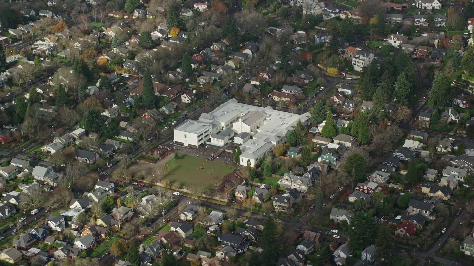 6K stock footage aerial video of Alameda Elementary School in Northeast