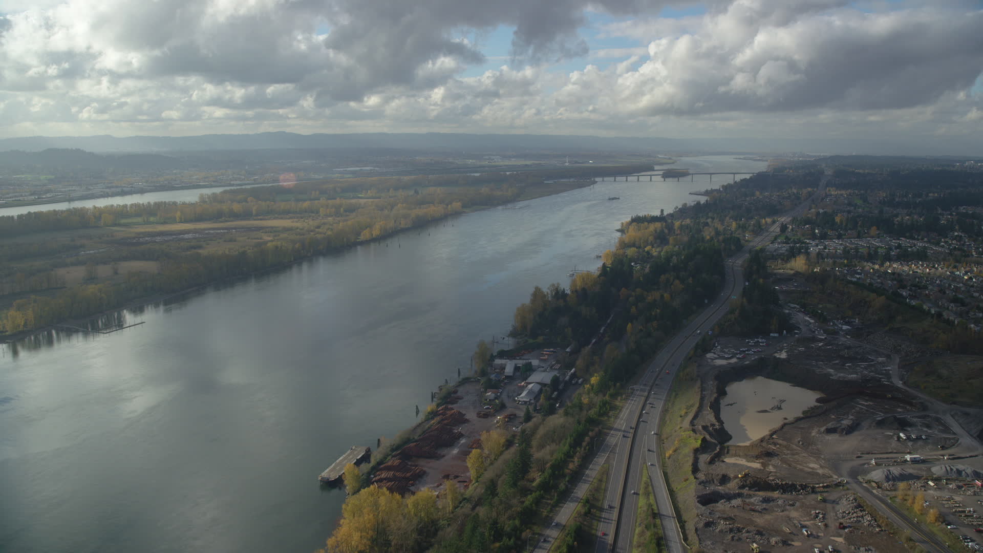 5.5K stock footage aerial video following Highway 14 and the Columbia