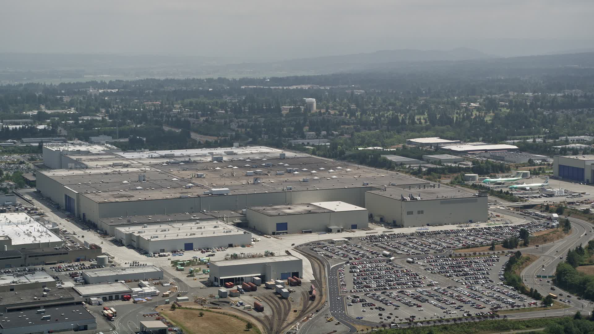 5K stock footage aerial video of the Boeing Everett Factory at Paine Field, Washington Aerial