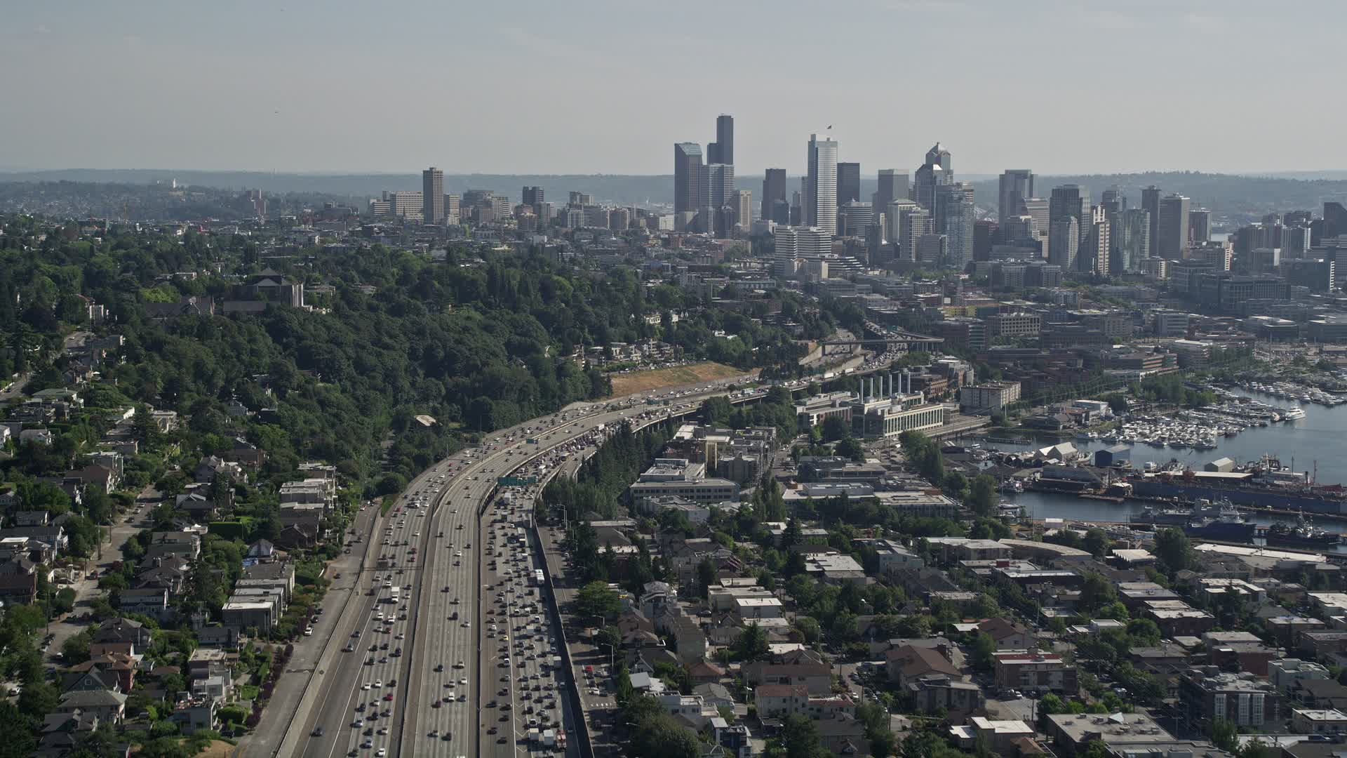 5K stock footage aerial video tilt from heavy traffic on Interstate 5