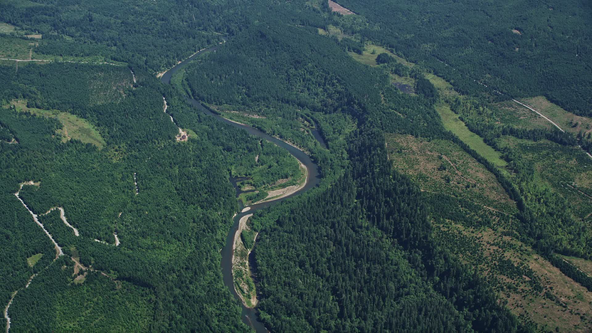 5K stock footage aerial video of Skookumchuck River and evergreen