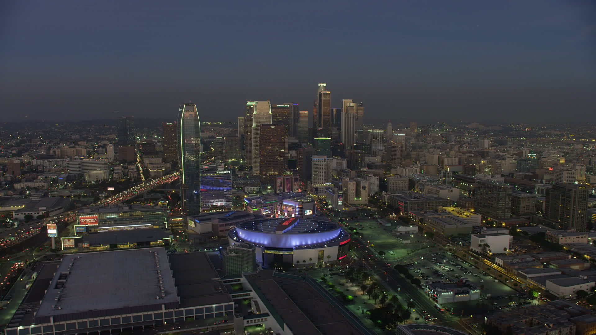 5K stock footage aerial video of Staples Center, RitzCarlton, and Downtown Los Angeles