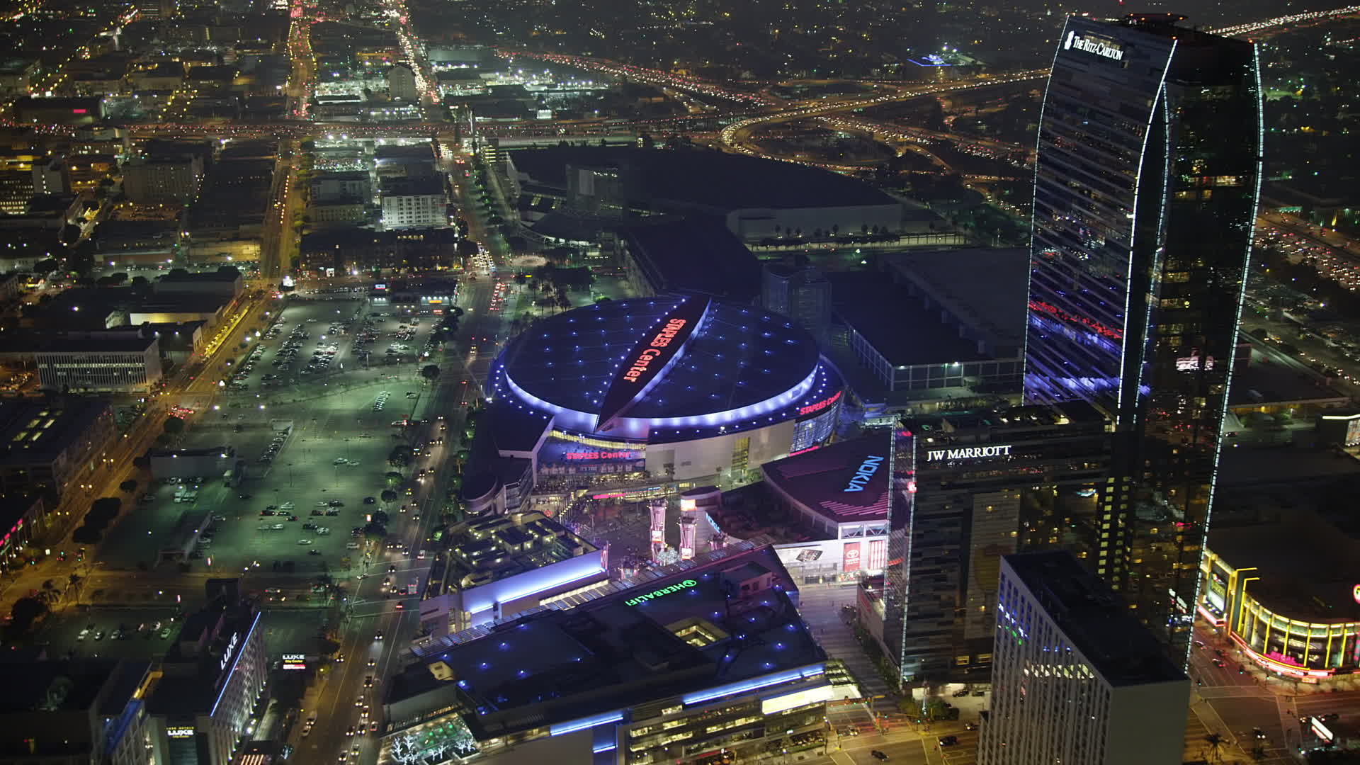 5K stock footage aerial video approach Staples Center and Nokia Theater