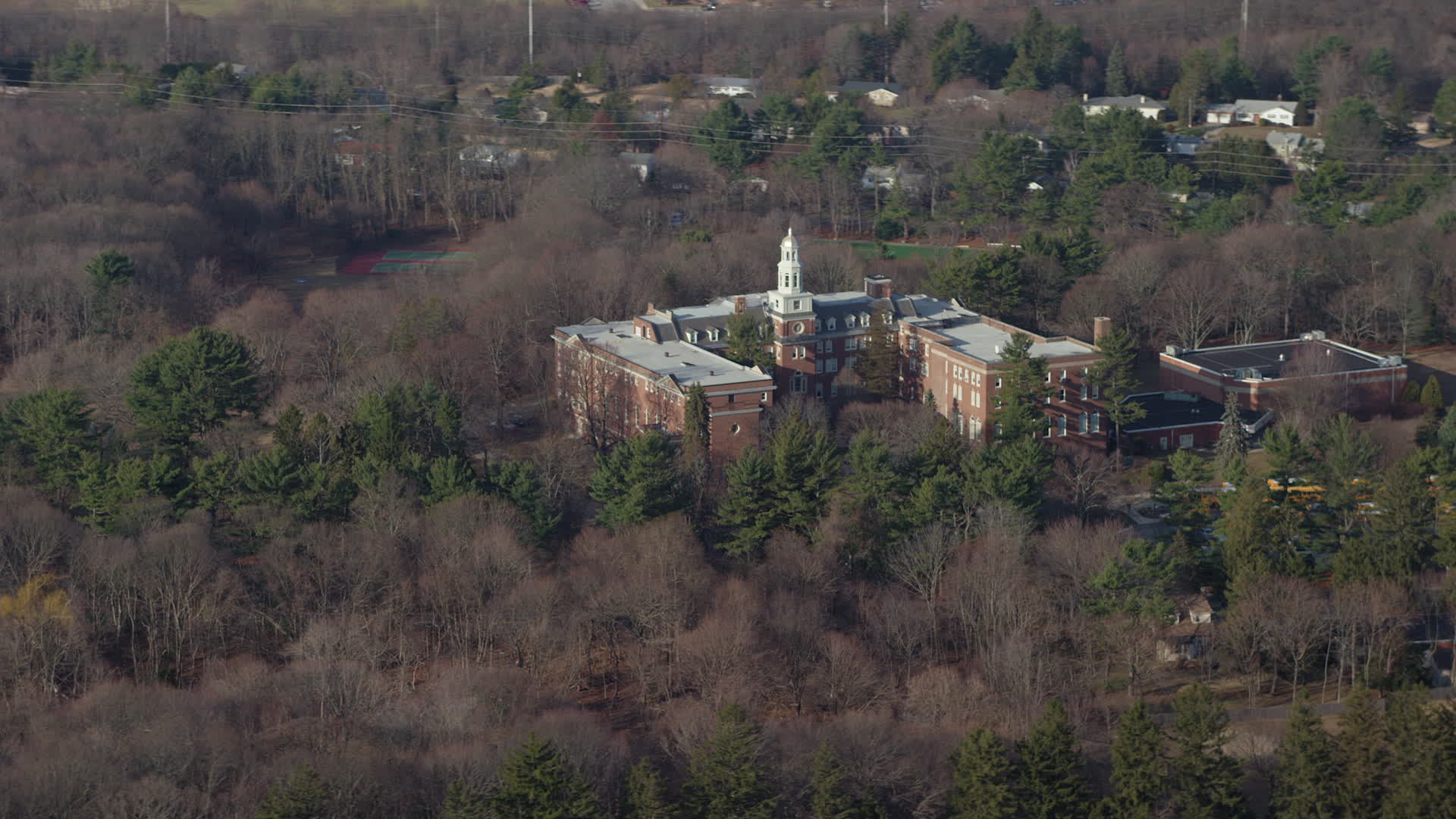 5K stock footage aerial video of Our Lady of Mercy Academy in Syosset