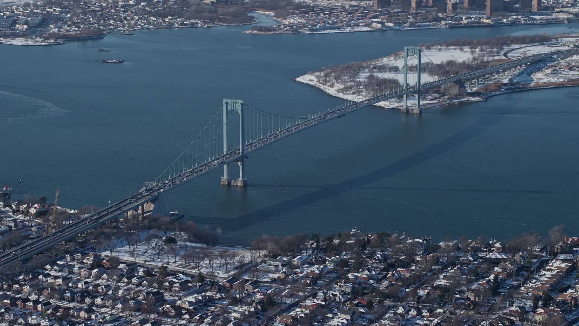 4.8K stock footage aerial video of Bronx Whitestone Bridge, New York