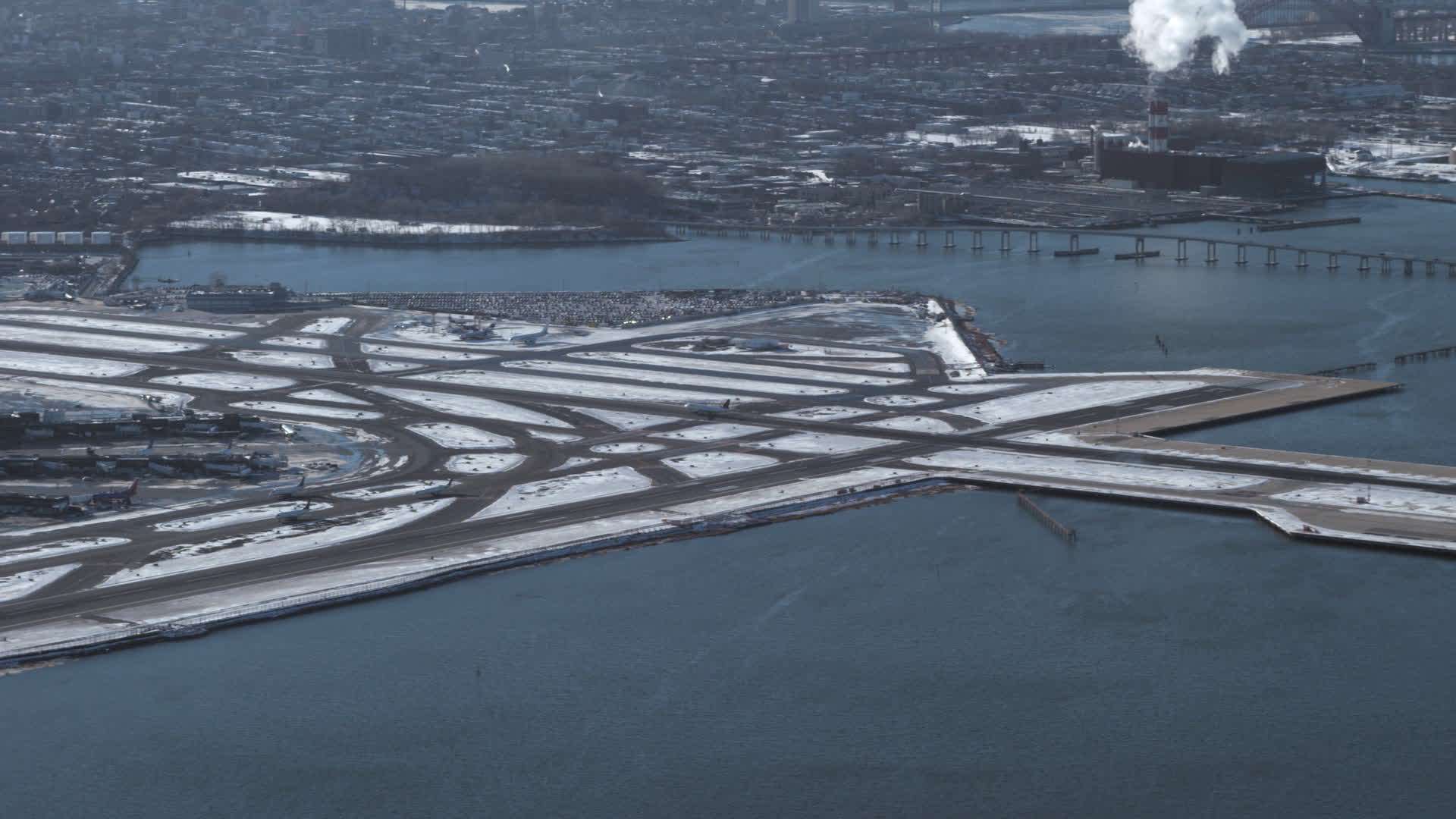 4.8K stock footage aerial video of a jet landing at LaGuardia Airport