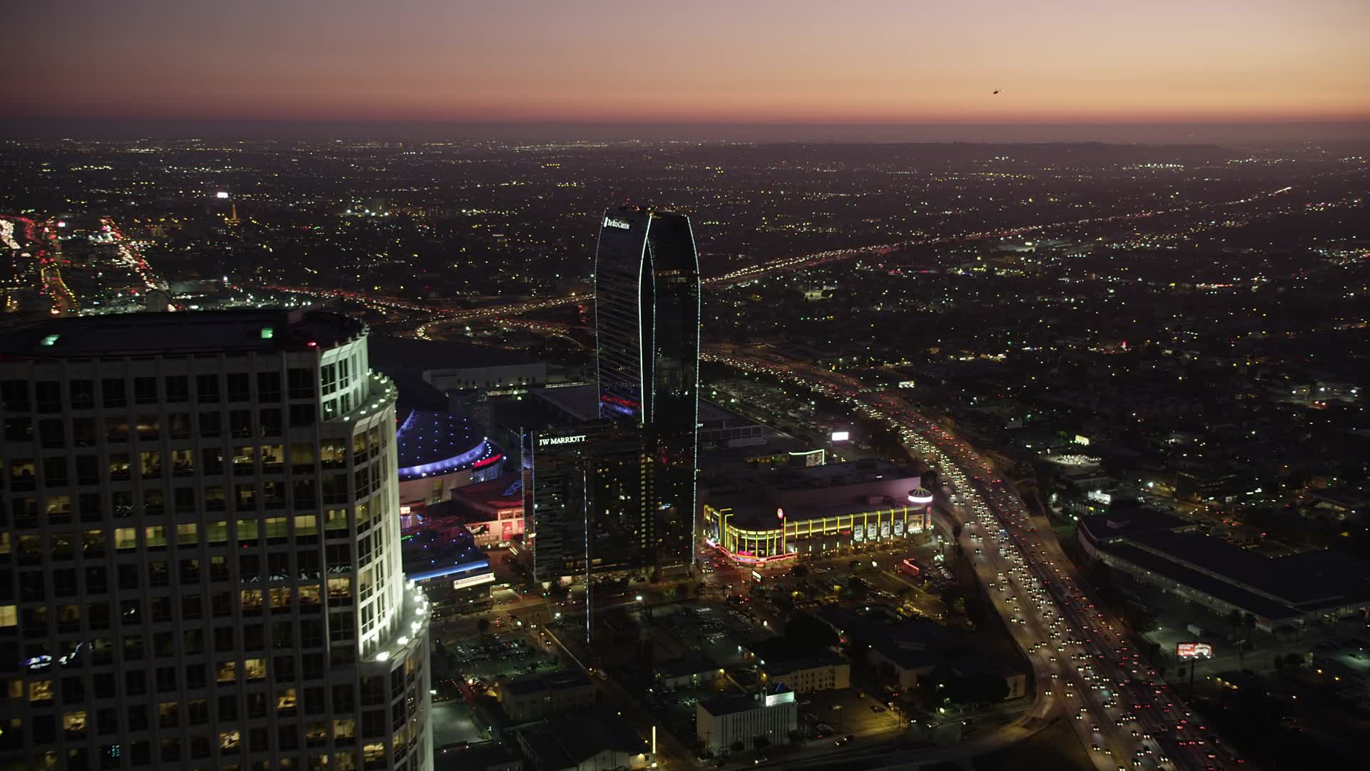 4.8K stock footage aerial video flyby 777 Tower to reveal The RitzCarlton and Staples Center in