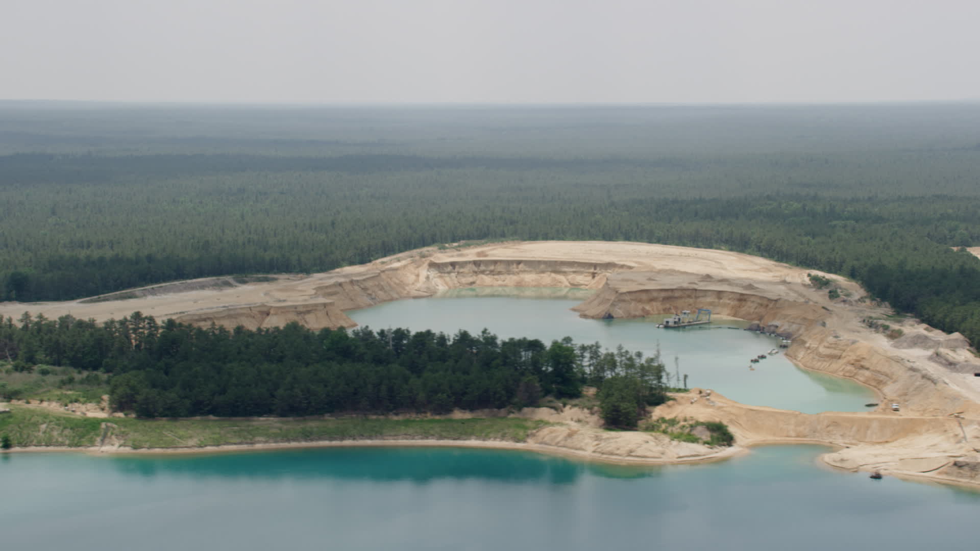 5K stock footage aerial video of a quarry lake in Forked River, New