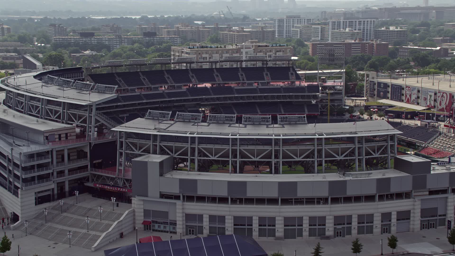 4.8K stock footage aerial video approaching Nationals Park Baseball Stadium  in Washington DC Aerial Stock Footage AX75_071E | Axiom Images