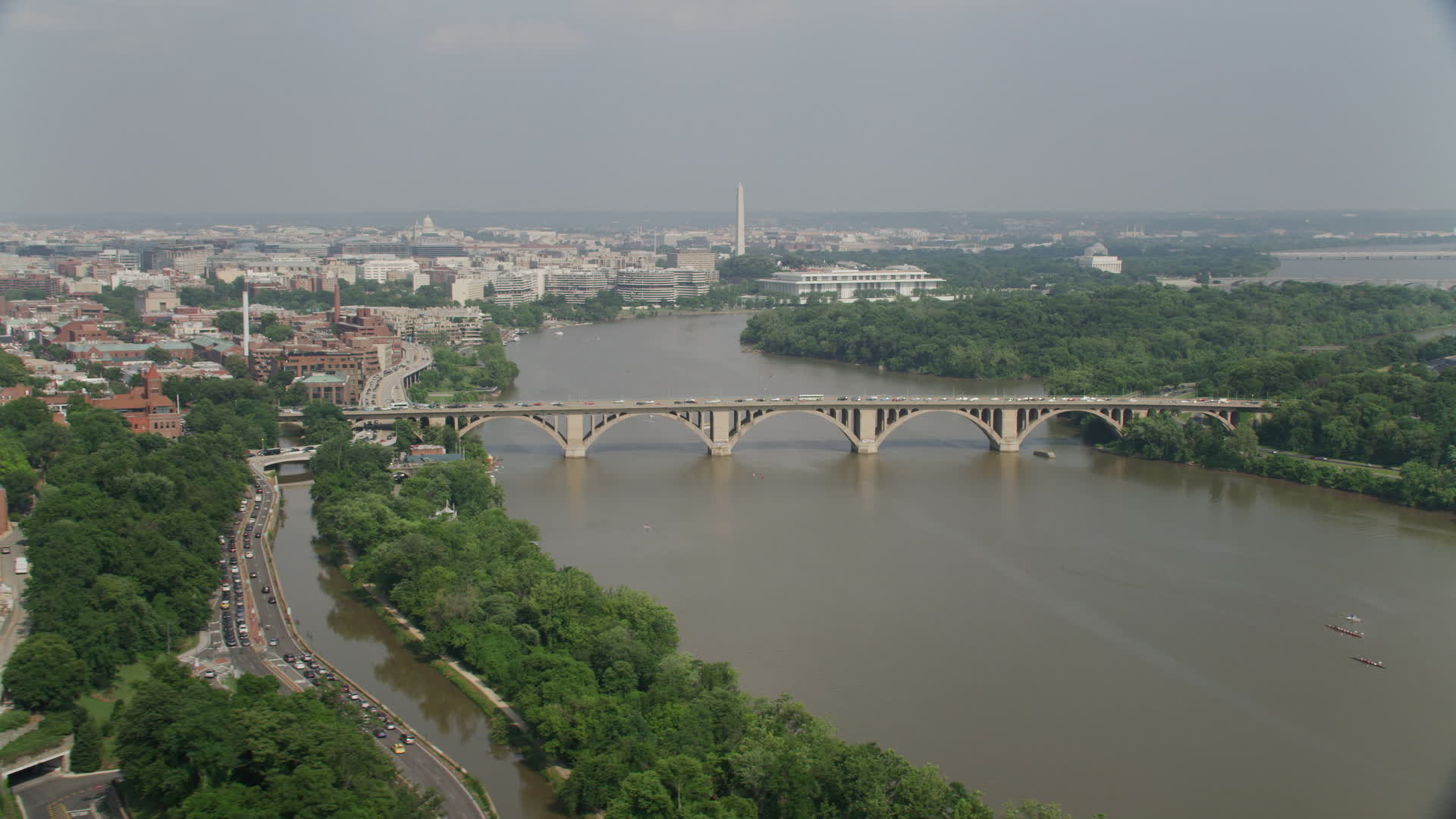 5K stock footage aerial video of Francis Scott Key Bridge over the Potomac River, Washington
