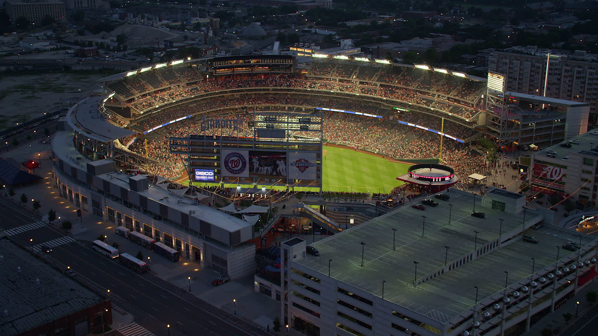 5K stock footage aerial video flying by a baseball game at Nationals