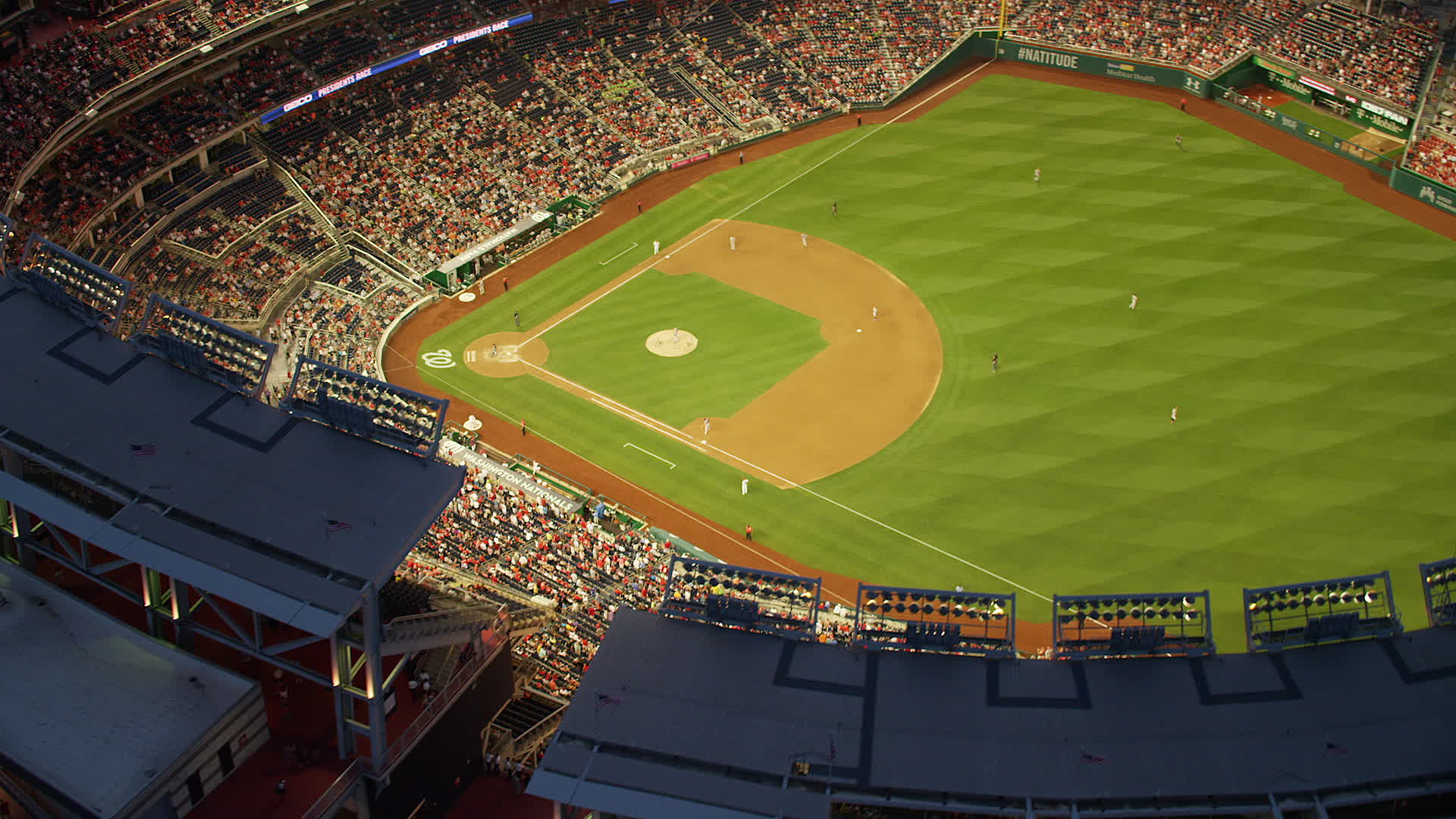 5K stock footage aerial video of a reverse view of Nationals Park