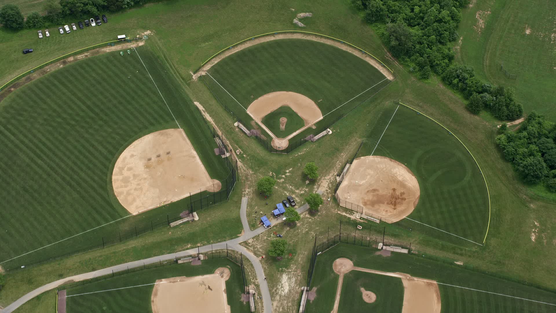 4.8K stock footage aerial video approaching baseball fields at OBGC