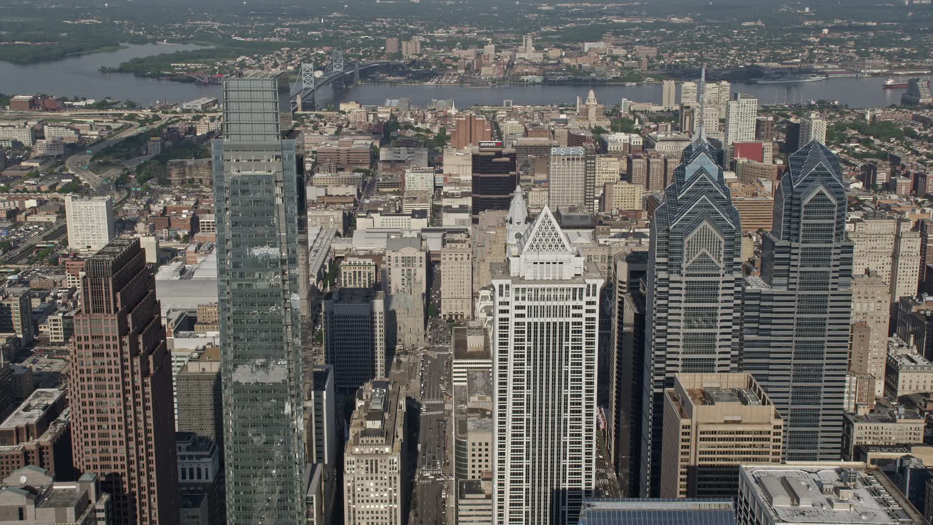4.8K stock footage aerial video flying over skyscrapers toward city