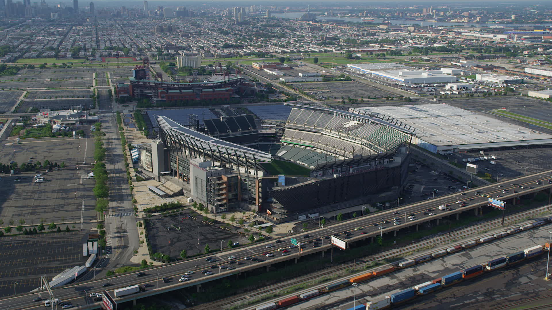 5K stock footage aerial video approaching I95, Lincoln Financial Field, Citizens Bank Park in 5K stock footage aerial video approaching I95, Lincoln Financial Field, Citizens Bank Park in