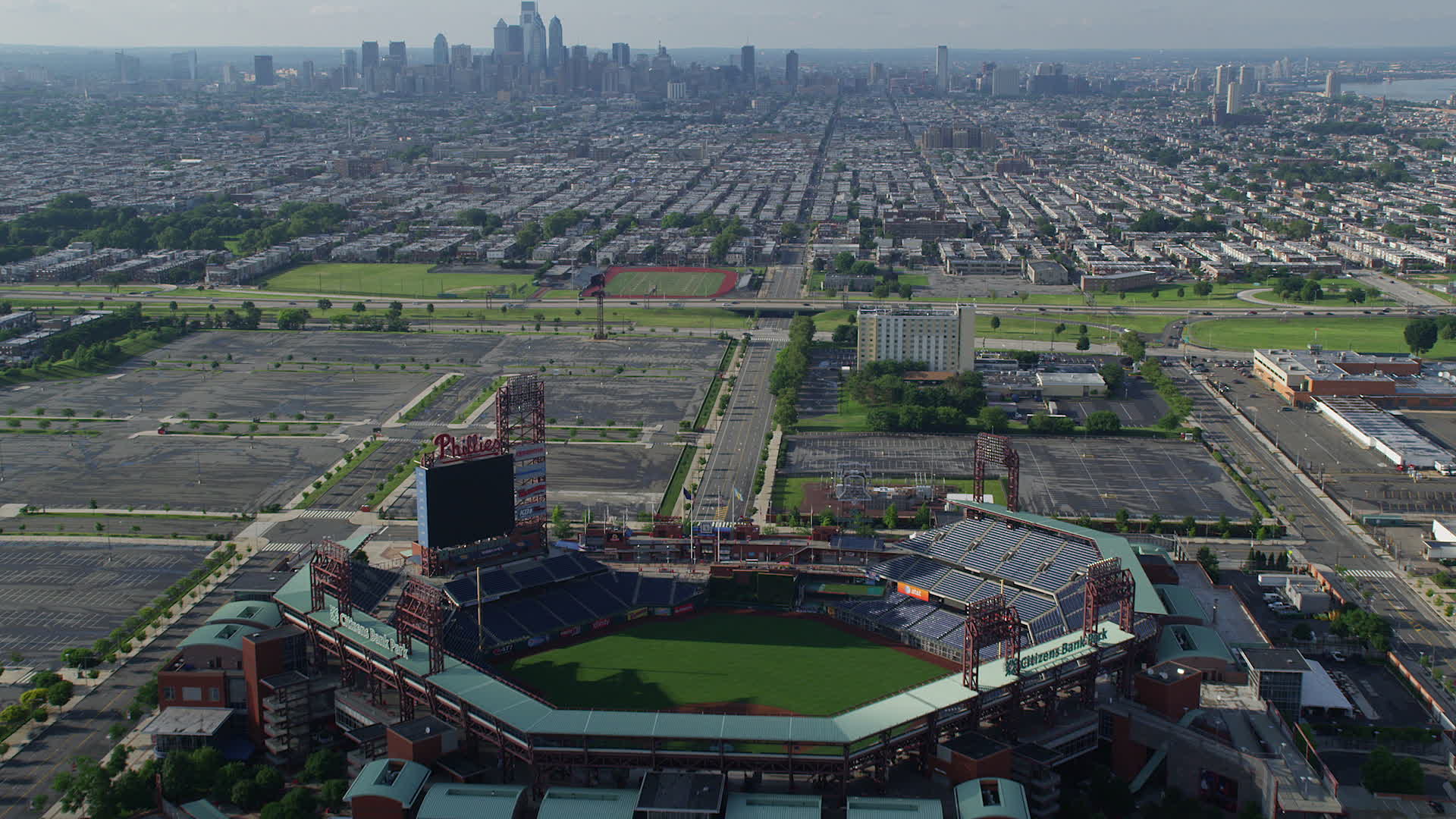 5k Stock Footage Aerial Video Flying Over Citizens Bank Park To