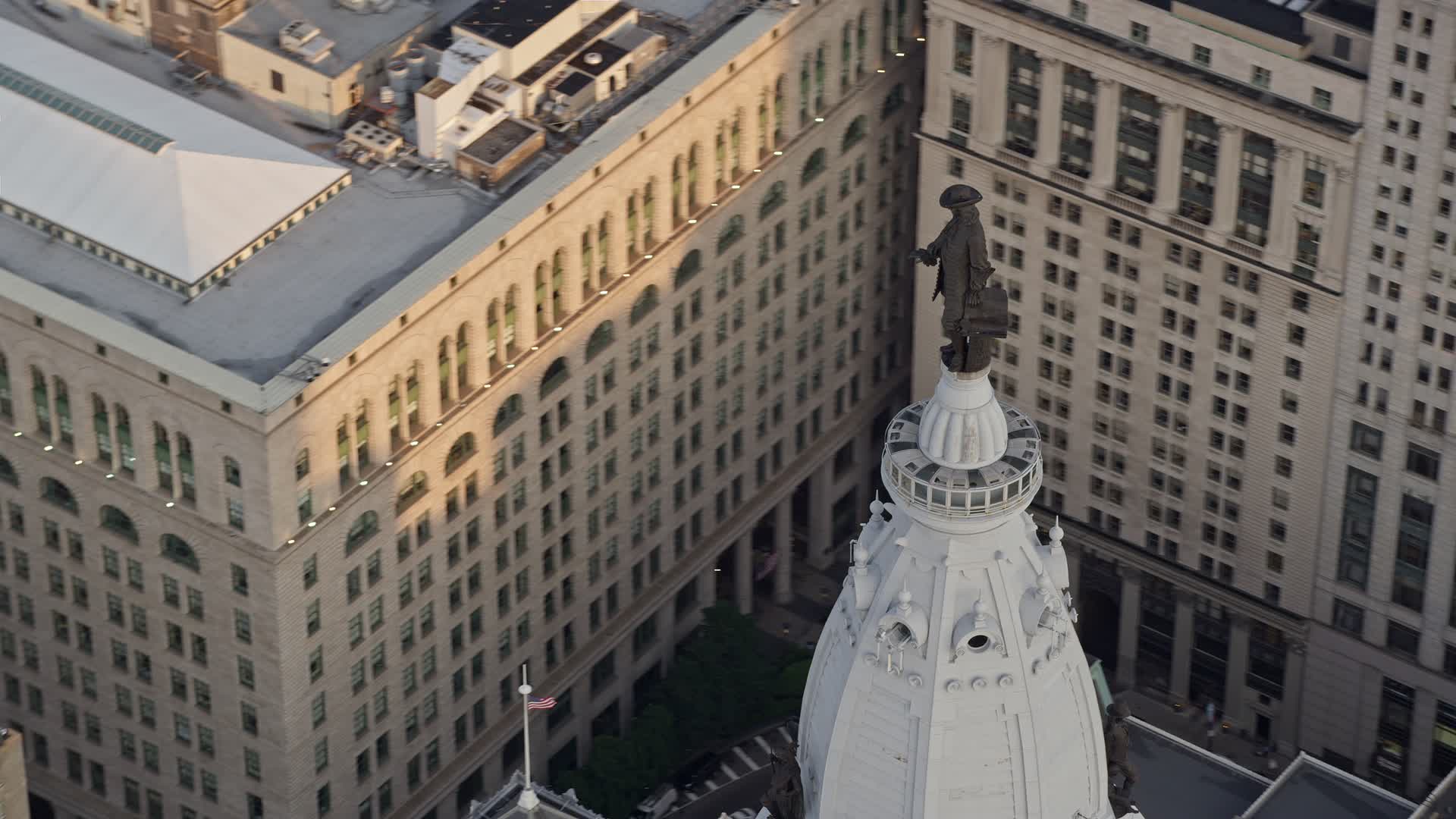 4.8K stock footage aerial video of the William Penn statue on top of