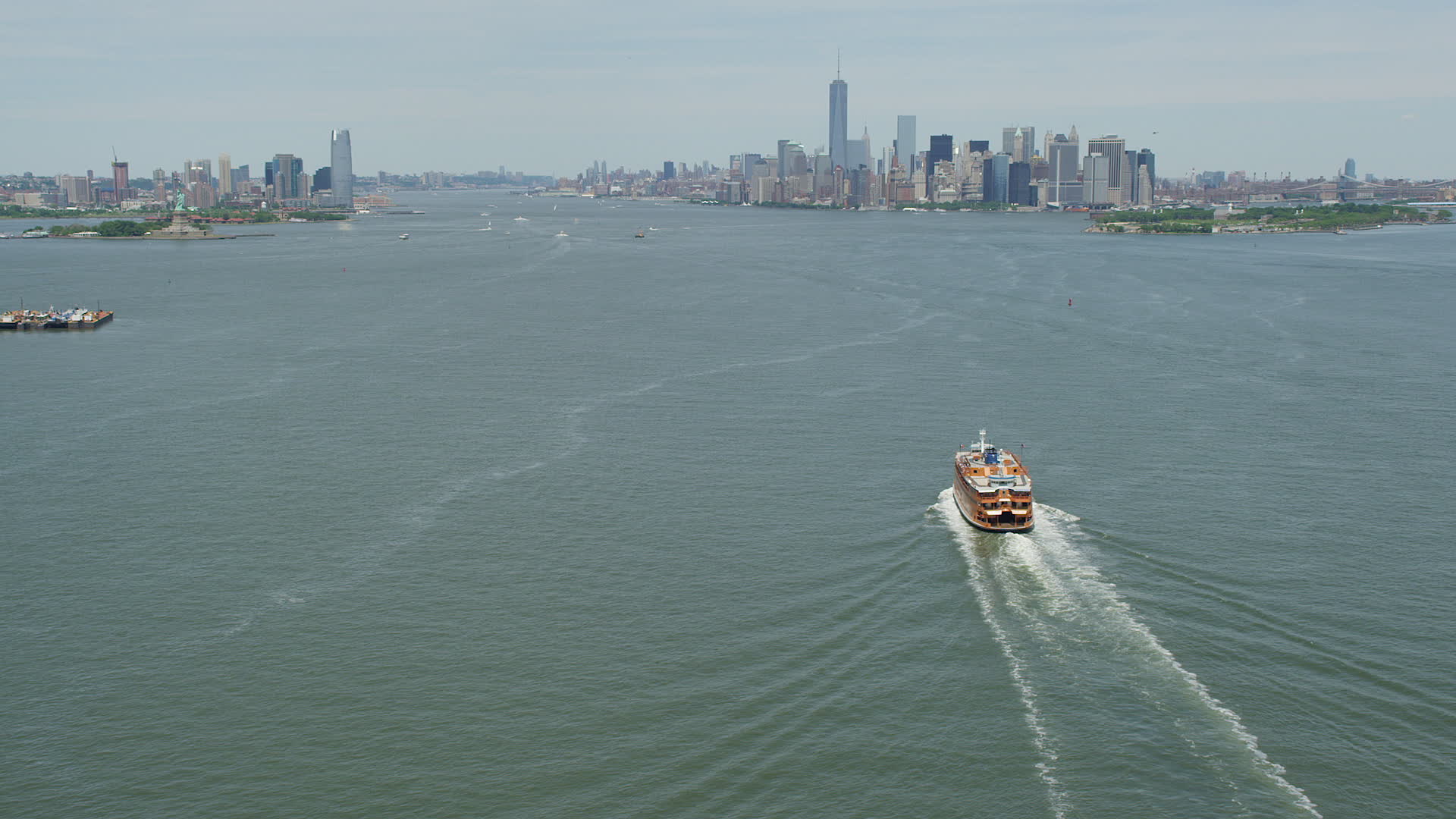 5K stock footage aerial video of Staten Island Ferry on New York Harbor