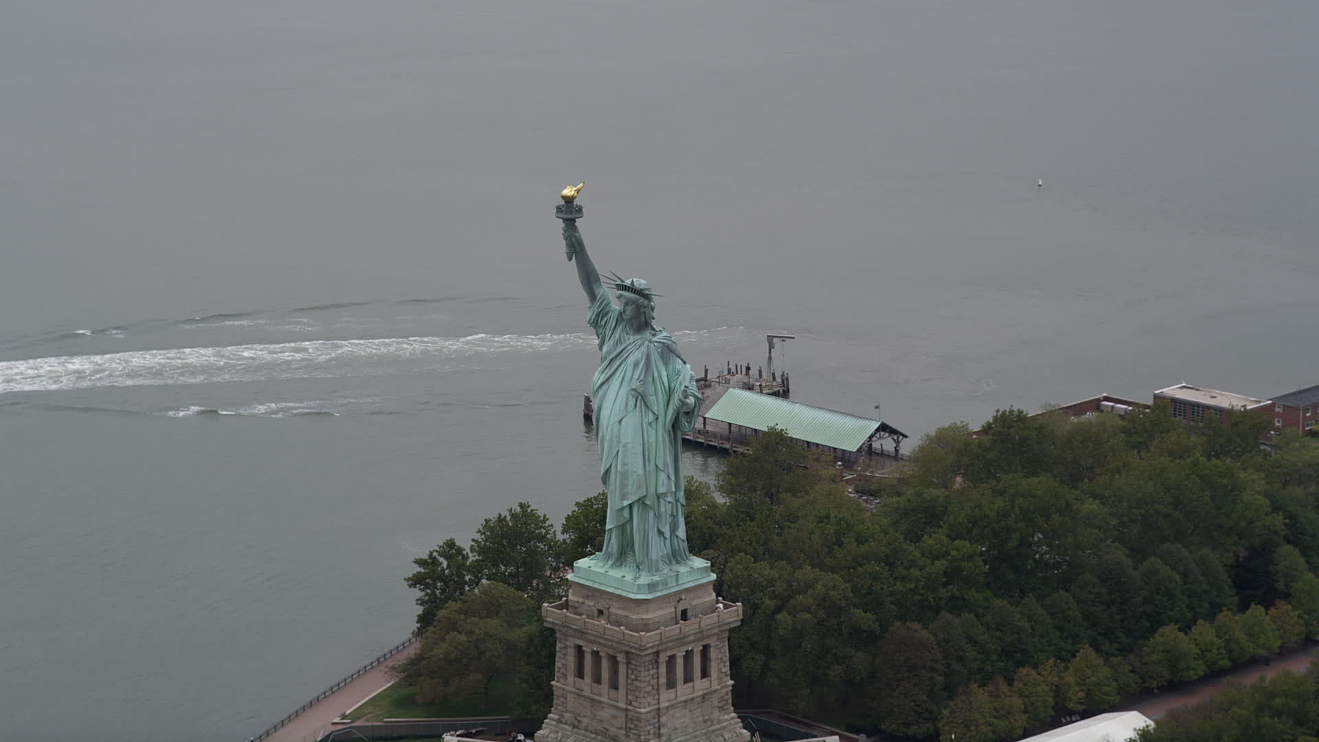 4K Aerial Video of the Statue of Liberty on Liberty Island, New York