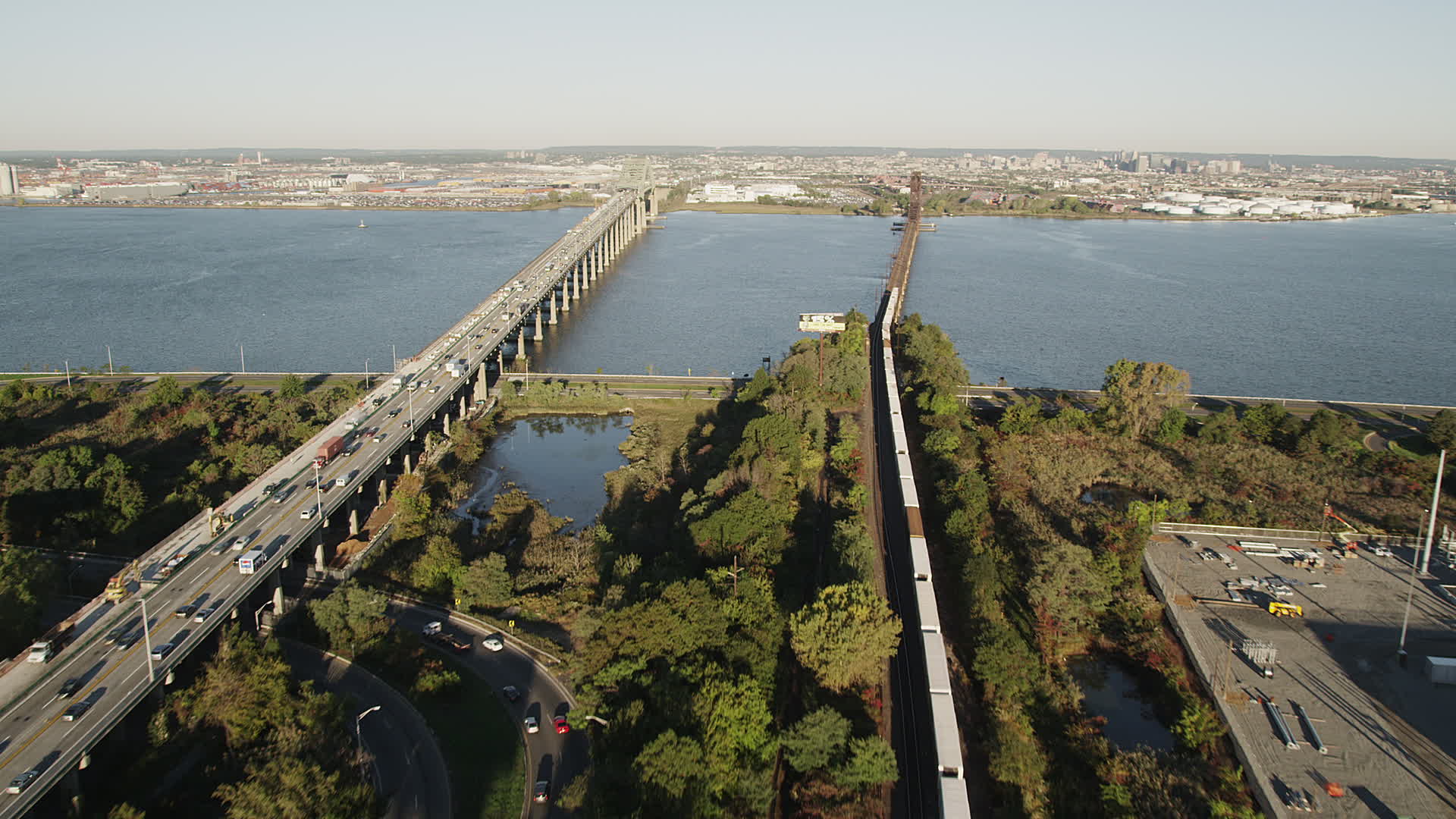 4K stock footage aerial video of Lehigh Valley Railroad Bridge, Newark
