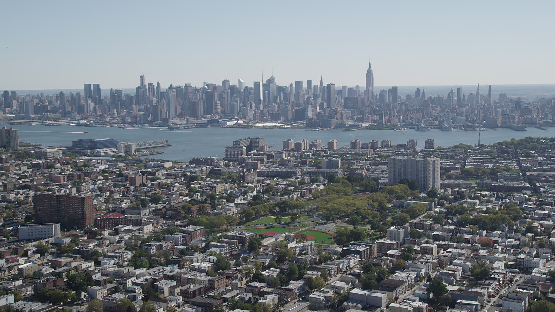 4K stock footage aerial video of the Midtown Manhattan skyline and