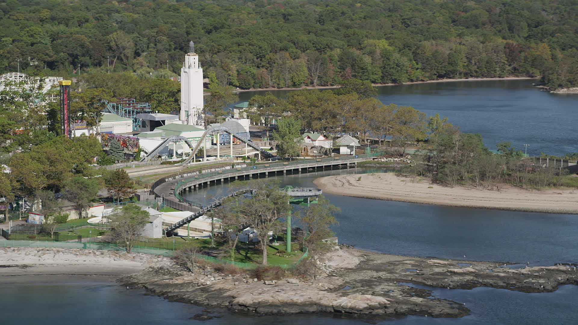 4K stock footage aerial video of passing by Playland amusement park