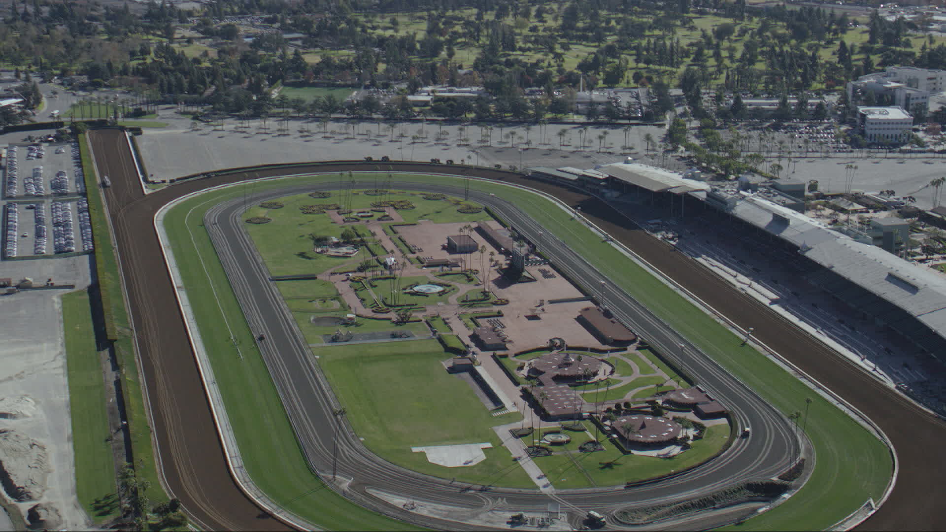 HD stock footage aerial video of the Santa Anita Park horse racing track in Arcadia, California