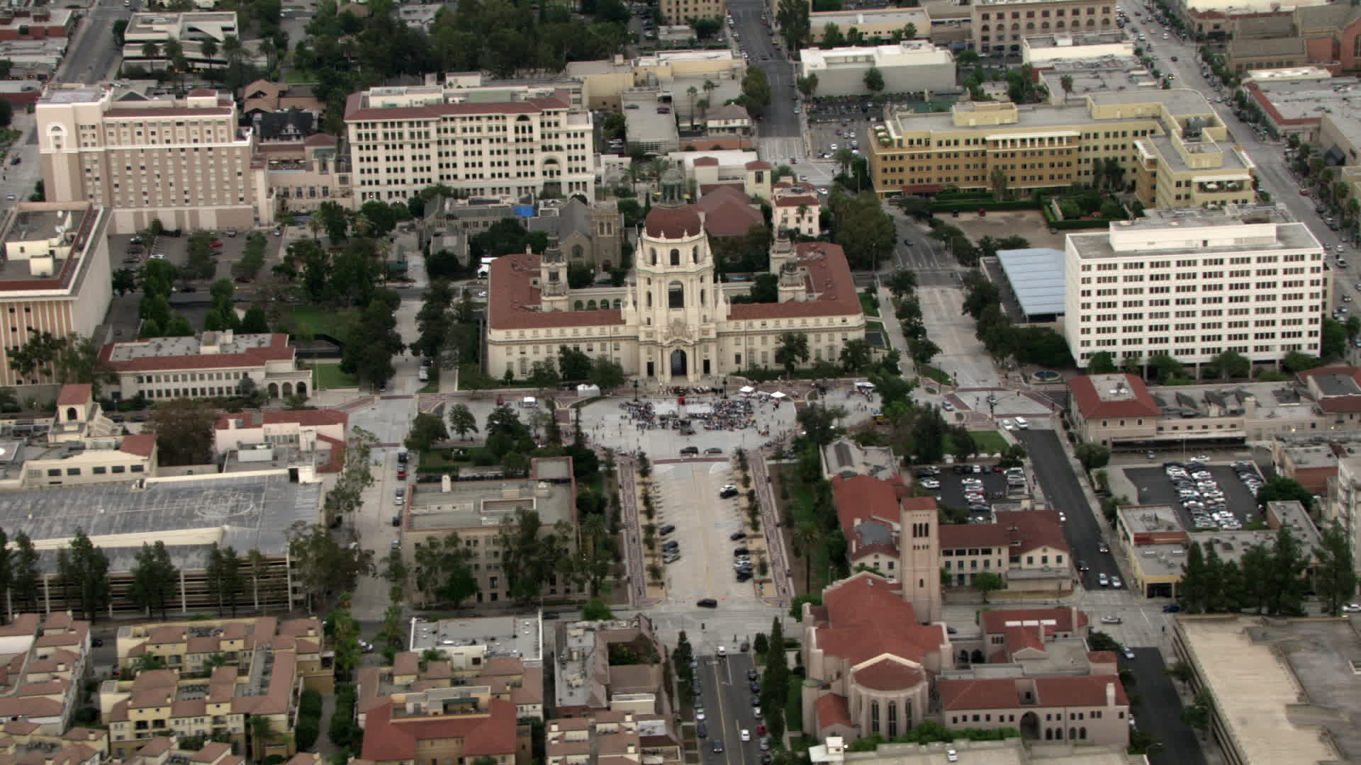 HD stock footage aerial video of a view of a crowd gathered in front of