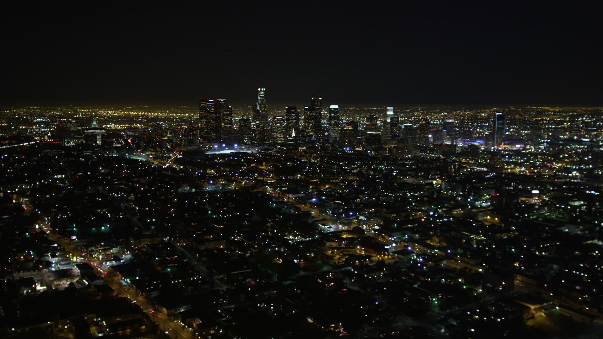 5K stock footage aerial video flying by downtown Los Angeles skyline at