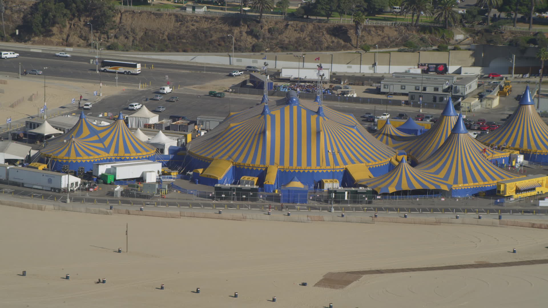 4K stock footage aerial video approach Santa Monica Pier, circus tents