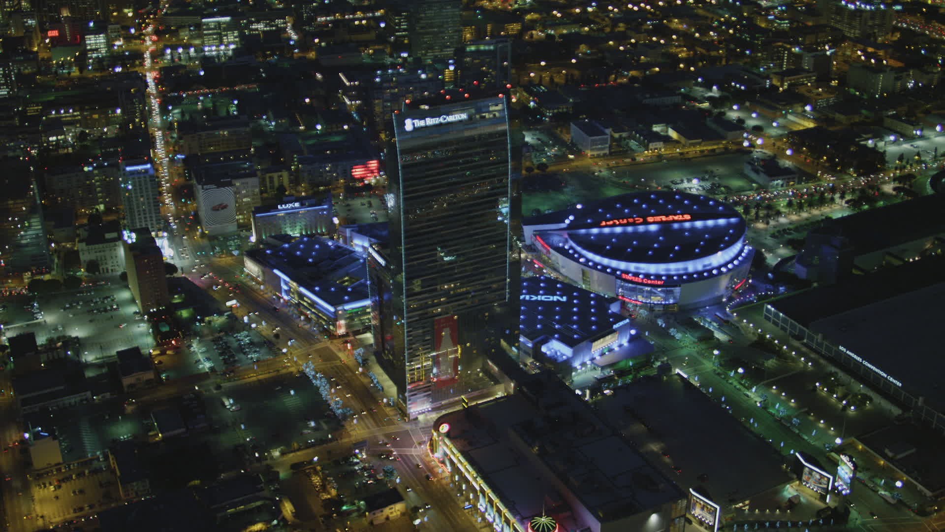 4K stock footage aerial video of flying by The RitzCarlton, Nokia Theater, Staples Center