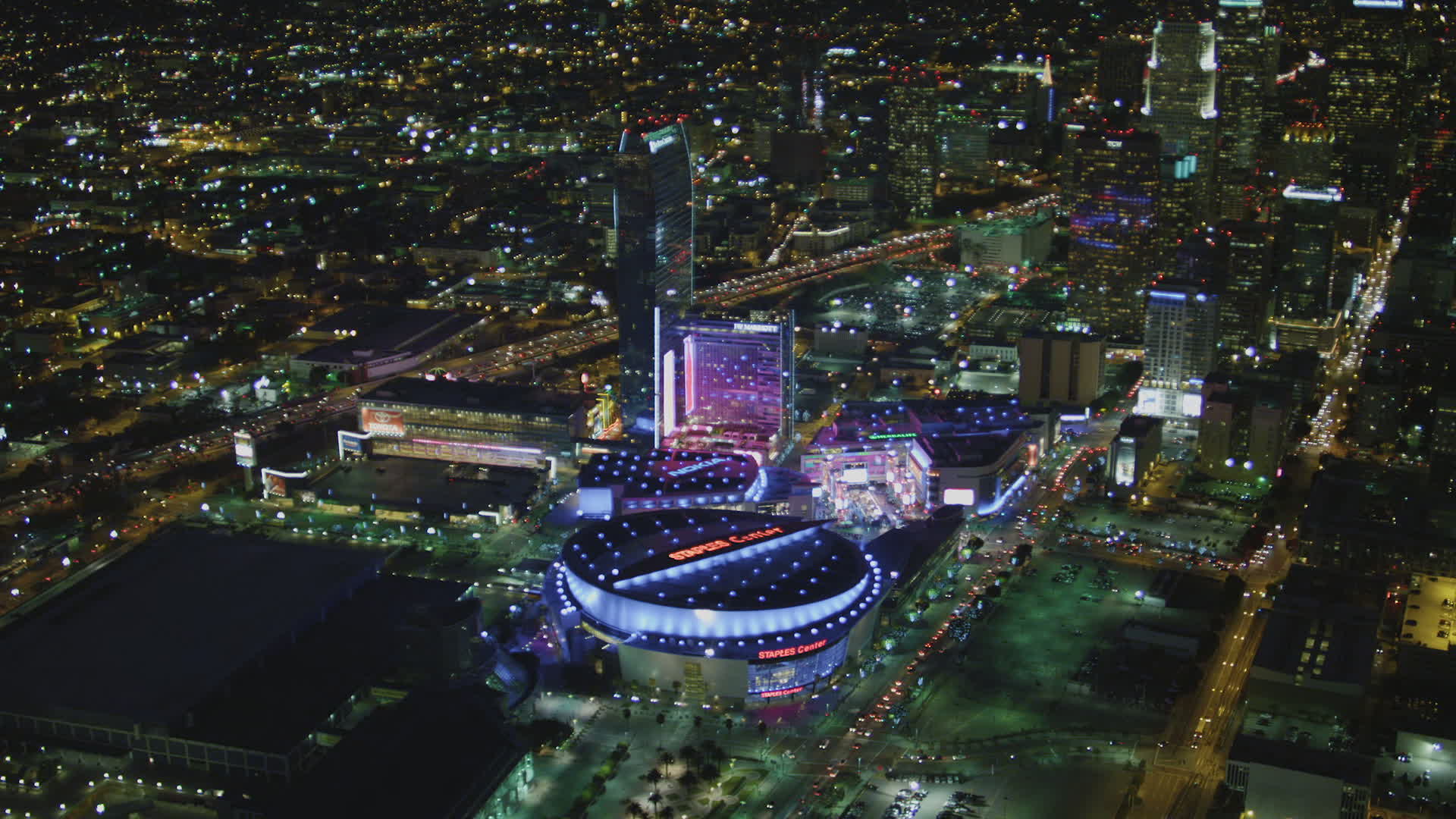 4K stock footage aerial video of Staples Center, The RitzCarlton, JW Marriott, Nokia Theater