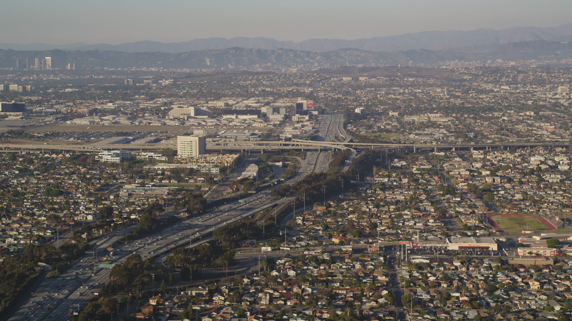 5K stock footage aerial video of heavy traffic on the 405 near the 105