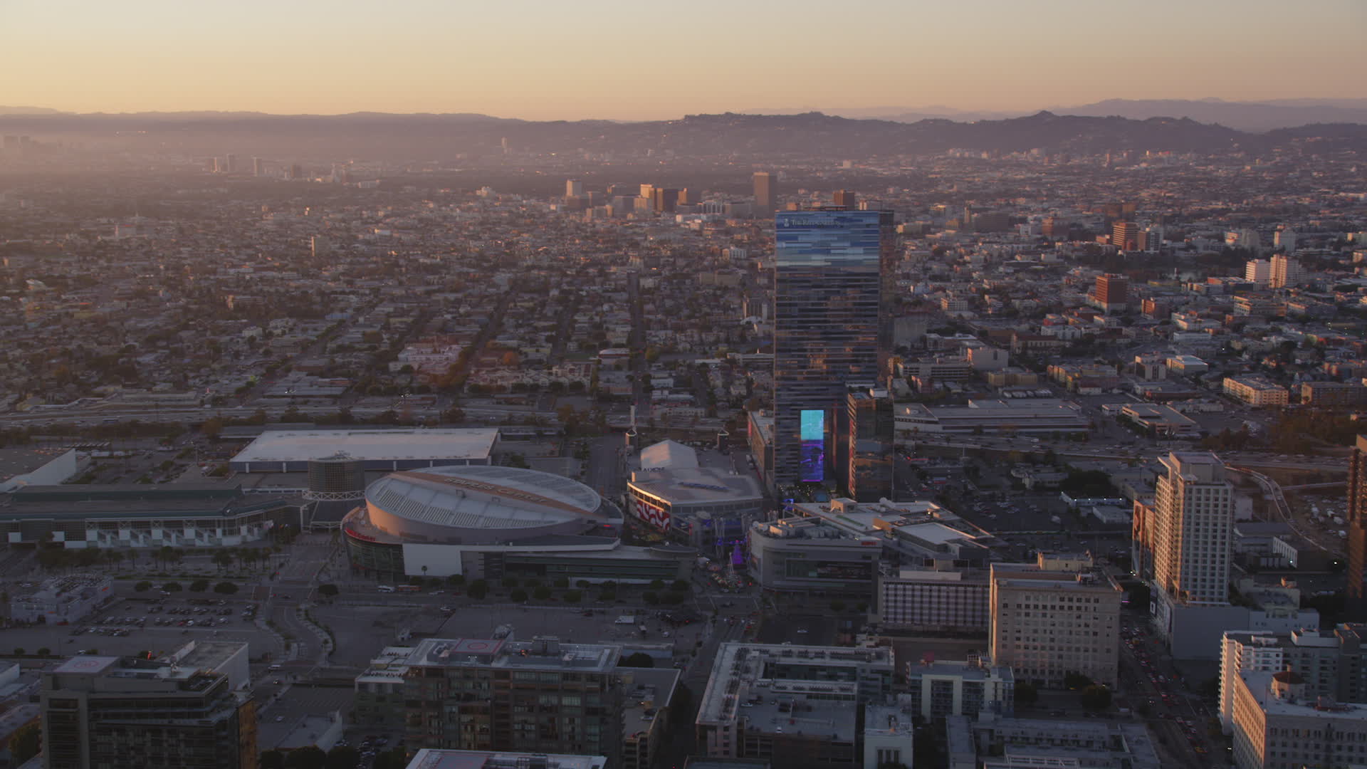 5K stock footage aerial video of Staples Center and The RitzCarlton in Downtown Los Angeles at