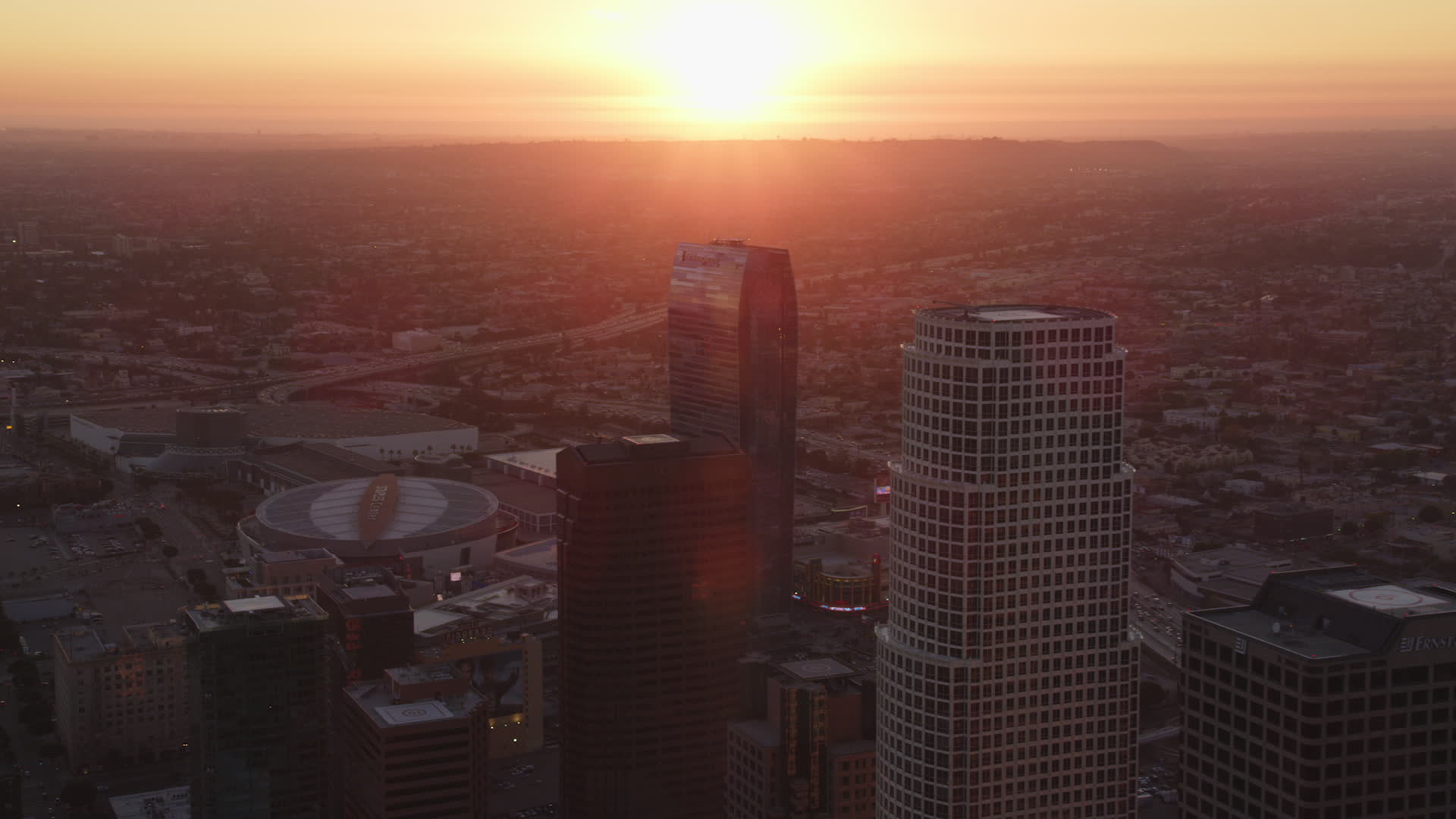 5K stock footage aerial video fly between towers to reveal Staples Center and The RitzCarlton