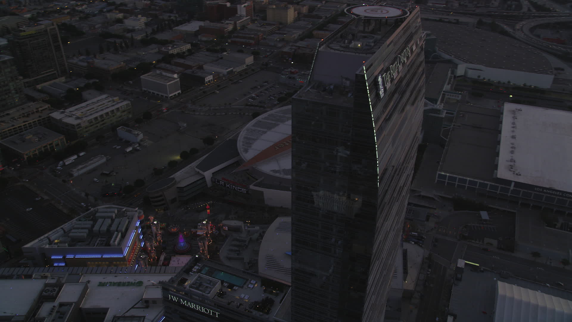 5K stock footage aerial video approach and flyby The RitzCarlton, Nokia Theater and Staples