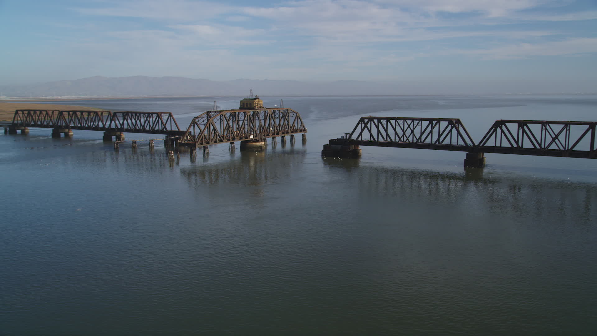 5K Aerial Video Flyby Dumbarton Rail Bridge spanning the San Francisco