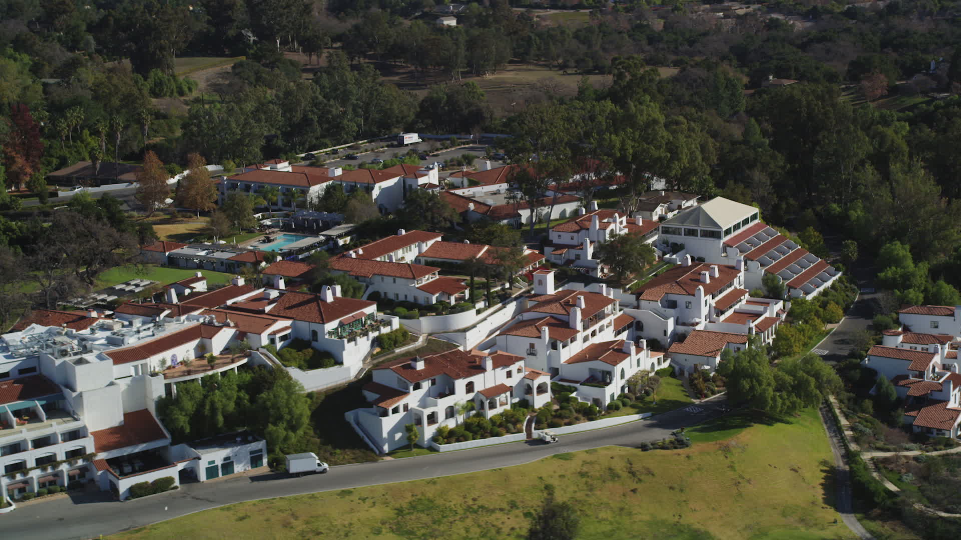 5K stock footage aerial video of passing by the Ojai Valley Inn and Spa