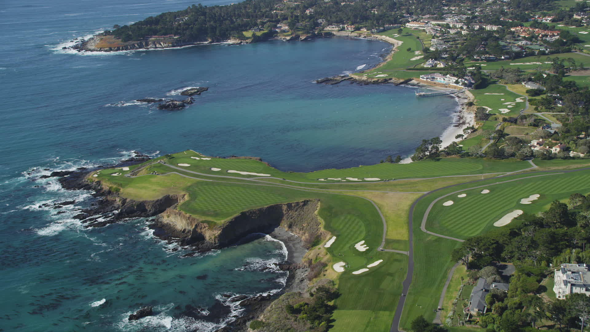 5K stock footage aerial video of a waterfront golf course by Carmel Bay