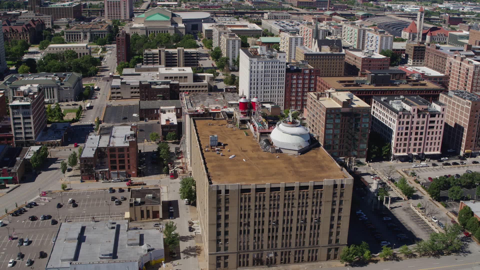 5.7K stock footage aerial video approach the rooftop of City Museum in